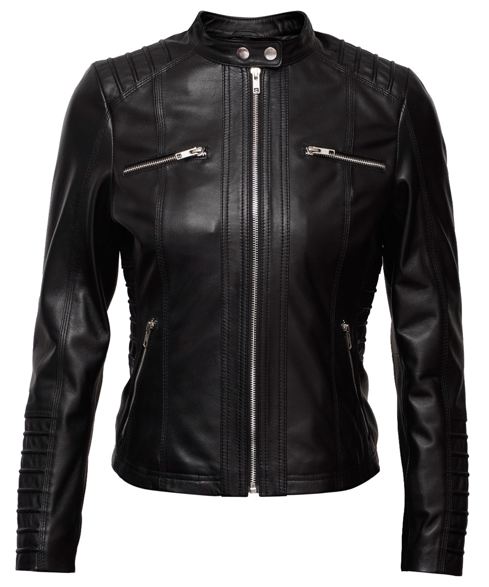 Hellen Leather Jacket - Cafe Racer Style Real Lambskin Leather Jacket for Women