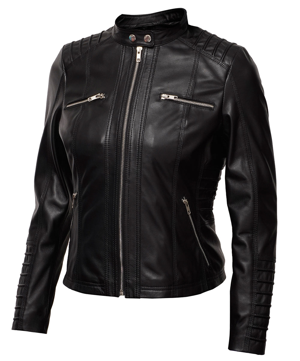 Hellen Leather Jacket - Cafe Racer Style Real Lambskin Leather Jacket for Women