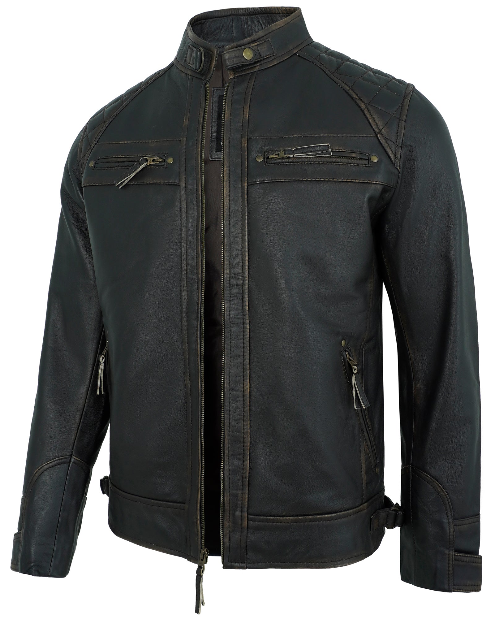 Mens Leather Jackets - Real Lambskin Quilted Cafe Racer Zip Up Moto Style Leather Jacket Men