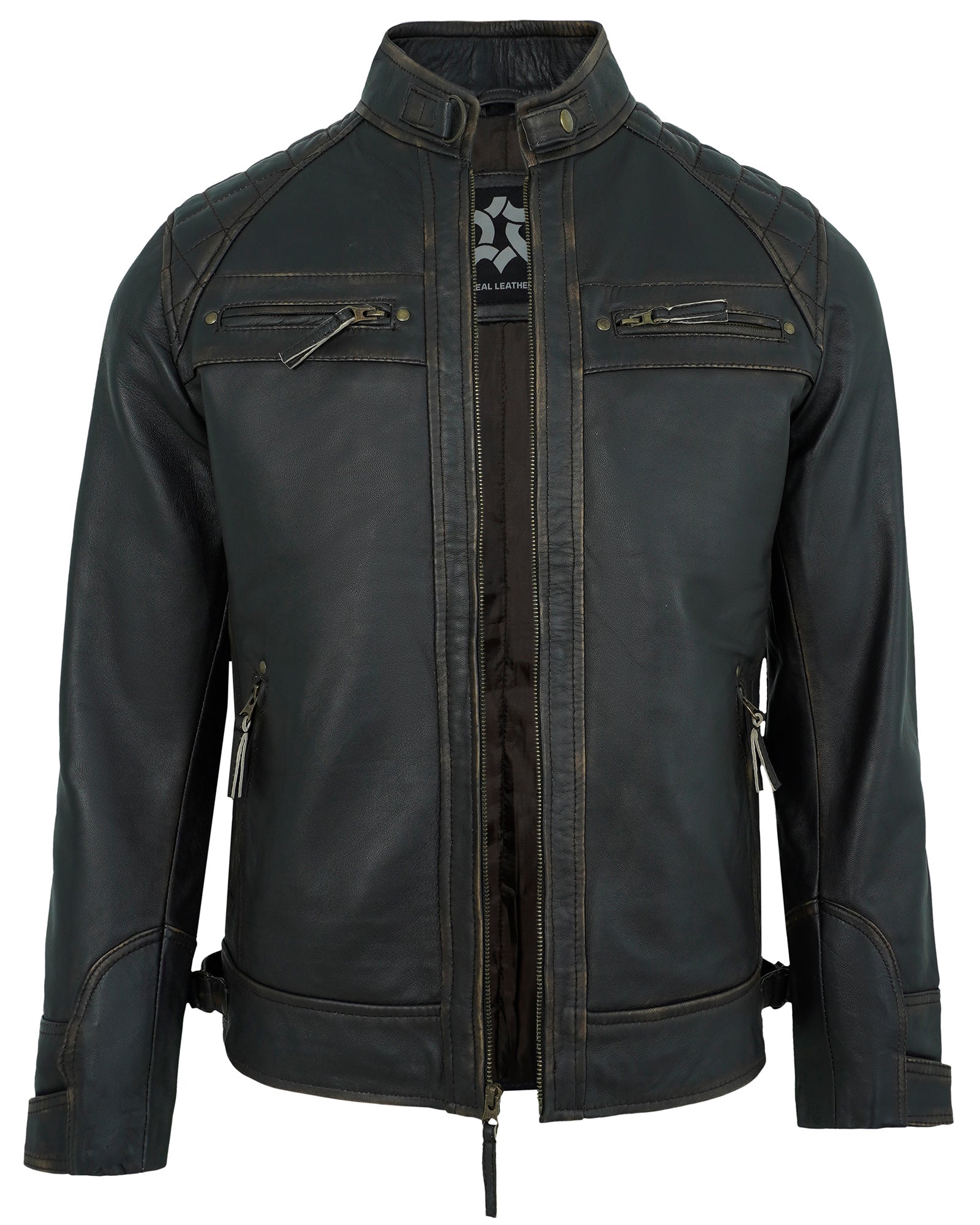 Mens Leather Jackets - Real Lambskin Quilted Cafe Racer Zip Up Moto Style Leather Jacket Men