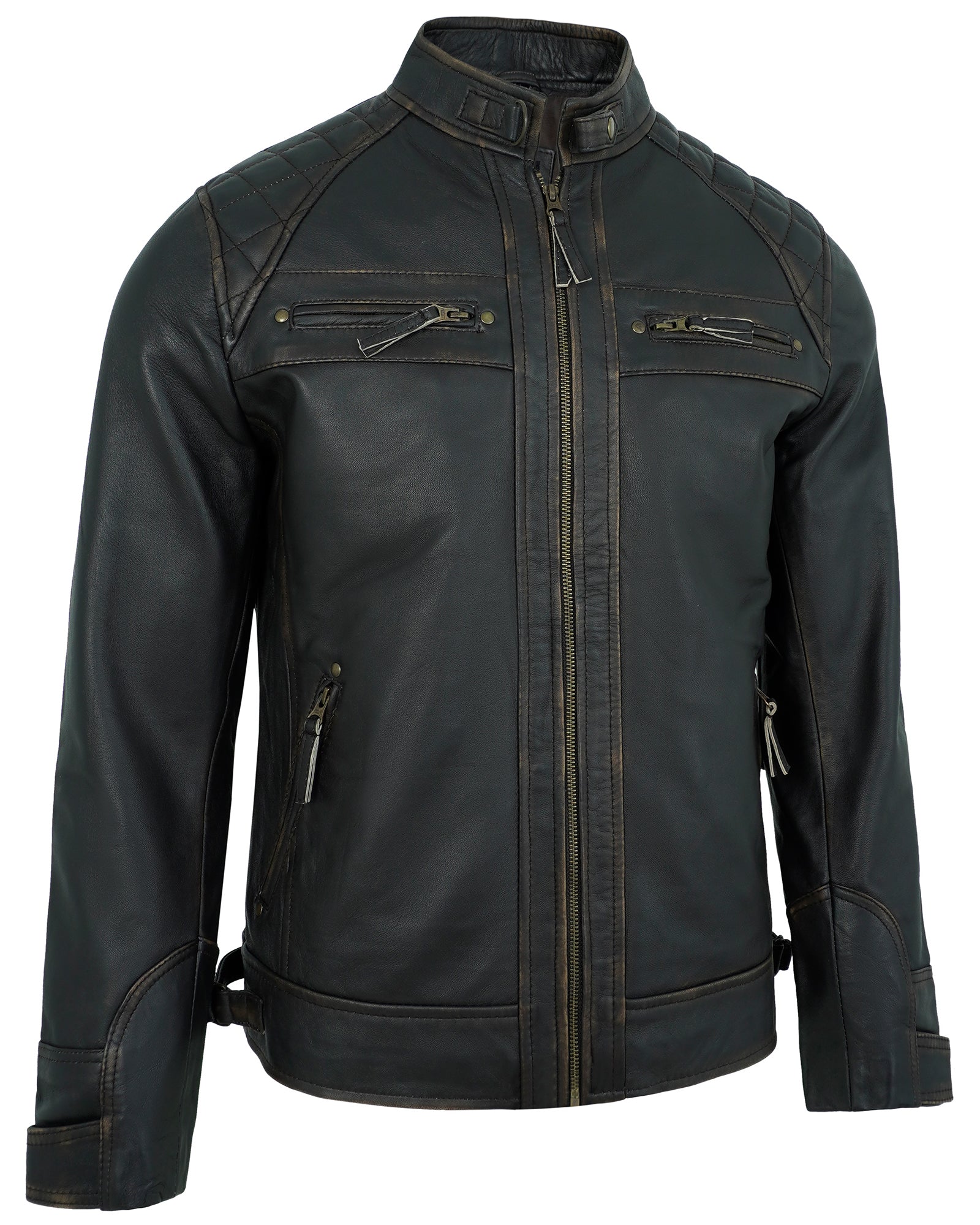Mens Leather Jackets - Real Lambskin Quilted Cafe Racer Zip Up Moto Style Leather Jacket Men