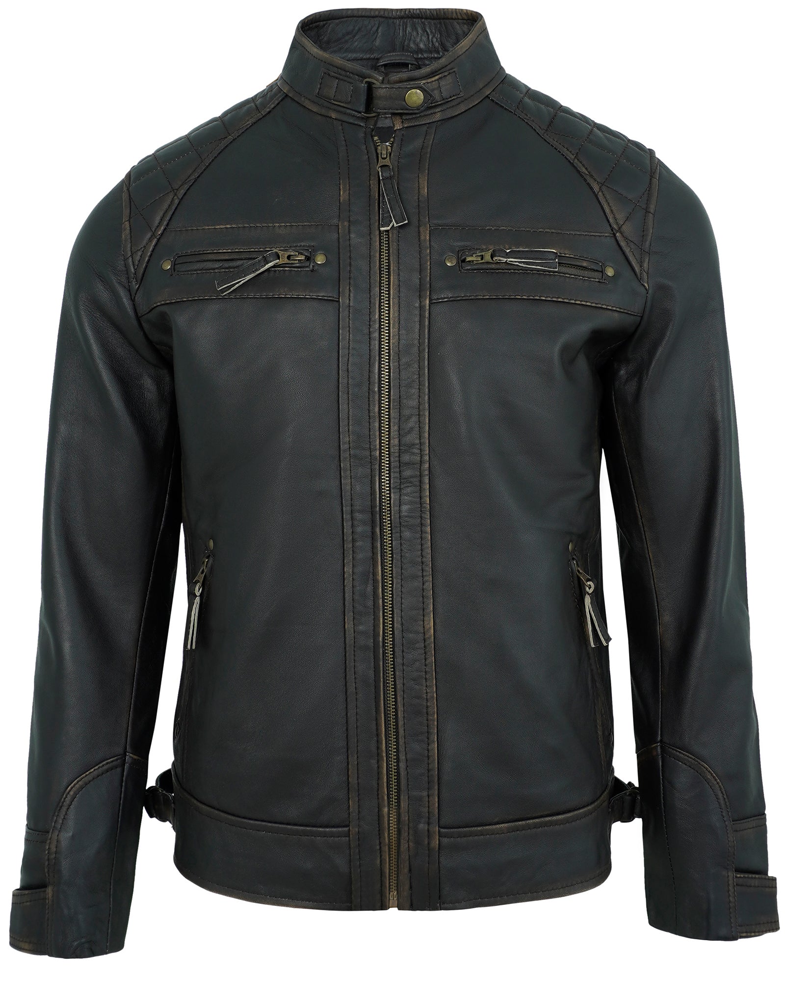Mens Leather Jackets - Real Lambskin Quilted Cafe Racer Zip Up Moto Style Leather Jacket Men