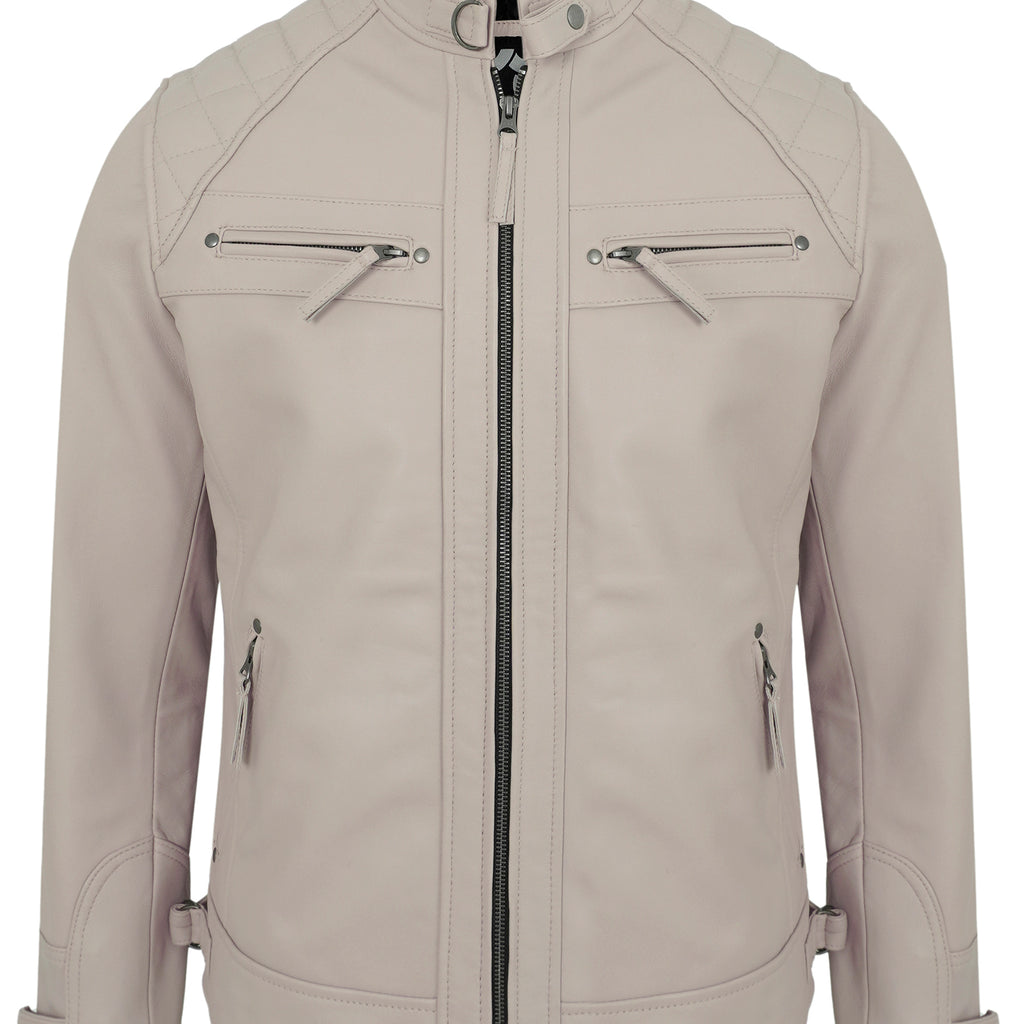 Mens Leather Jackets - Real Lambskin Quilted Cafe Racer Zip Up Moto Style Leather Jacket Men