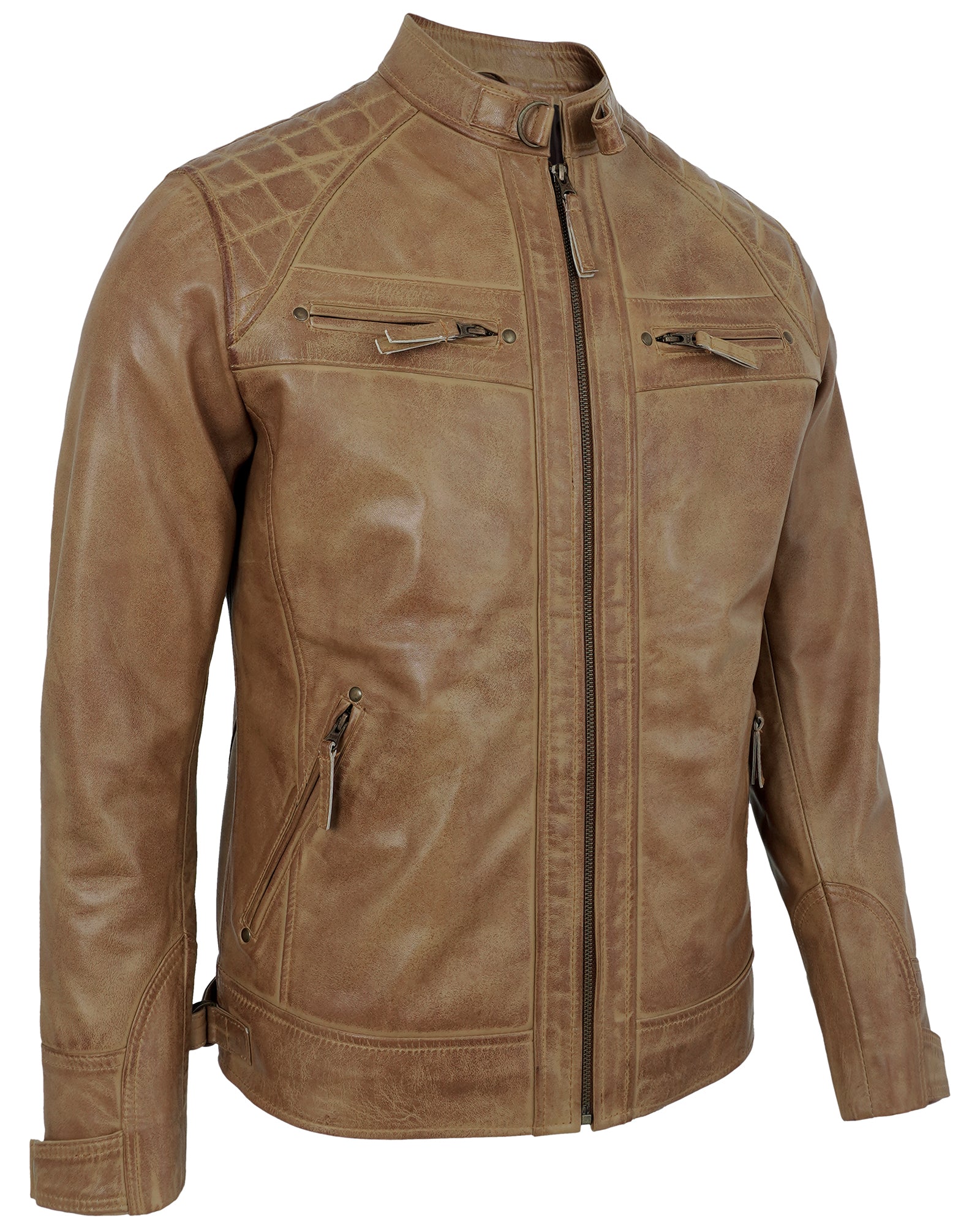 Mens Leather Jackets - Real Lambskin Quilted Cafe Racer Zip Up Moto Style Leather Jacket Men