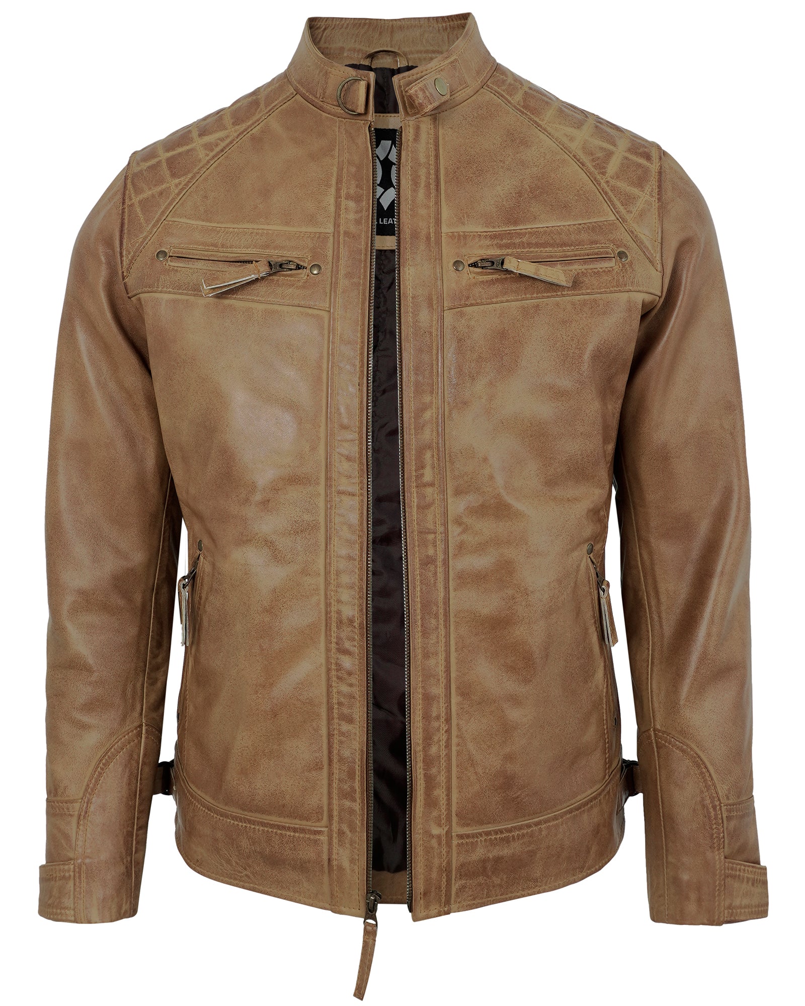 Mens Leather Jackets - Real Lambskin Quilted Cafe Racer Zip Up Moto Style Leather Jacket Men