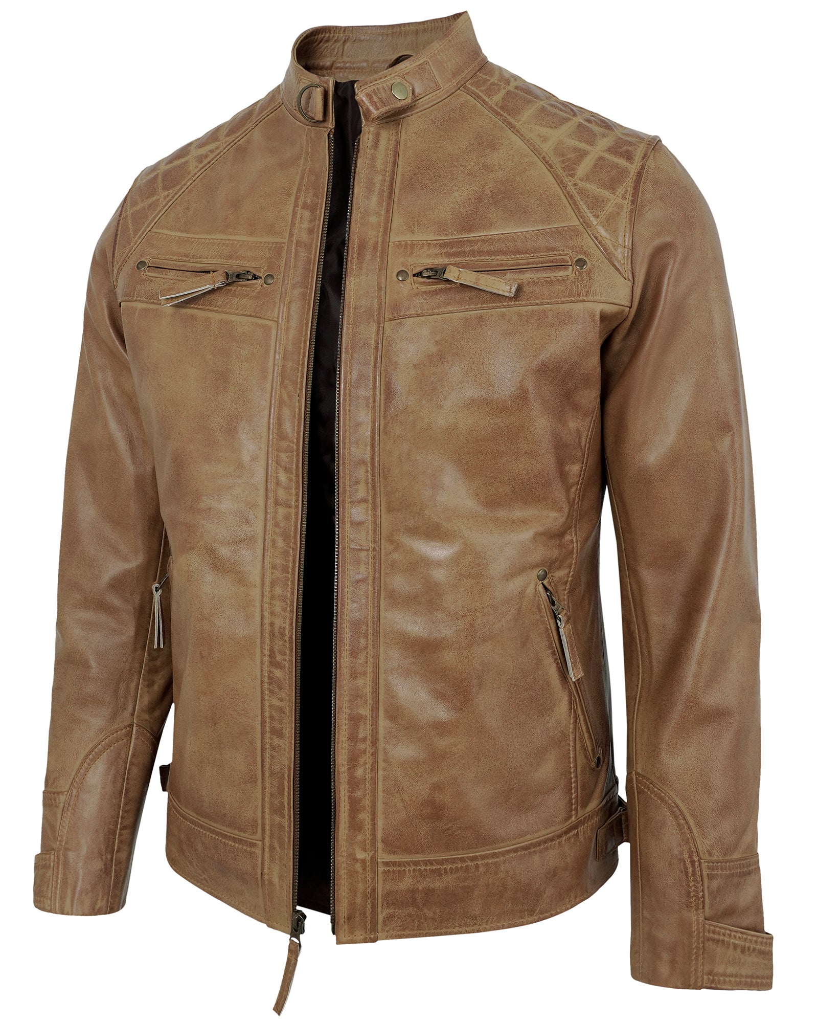 Mens Leather Jackets - Real Lambskin Quilted Cafe Racer Zip Up Moto Style Leather Jacket Men