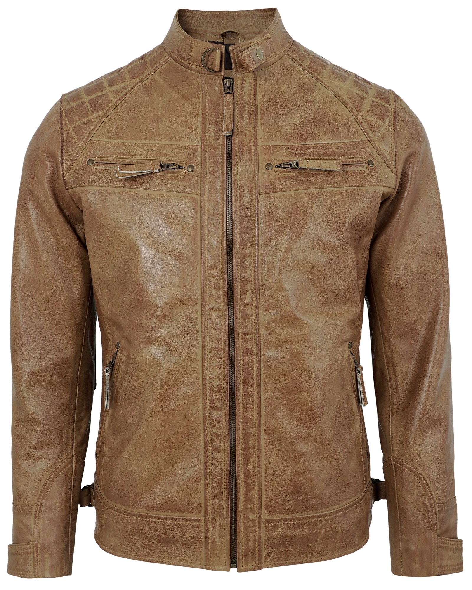 Mens Leather Jackets - Real Lambskin Quilted Cafe Racer Zip Up Moto Style Leather Jacket Men