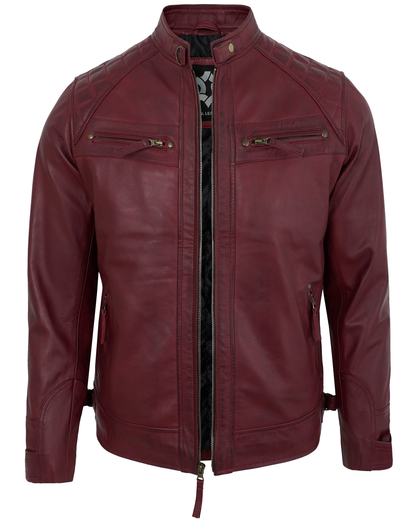 Mens Leather Jackets - Real Lambskin Quilted Cafe Racer Zip Up Moto Style Leather Jacket Men