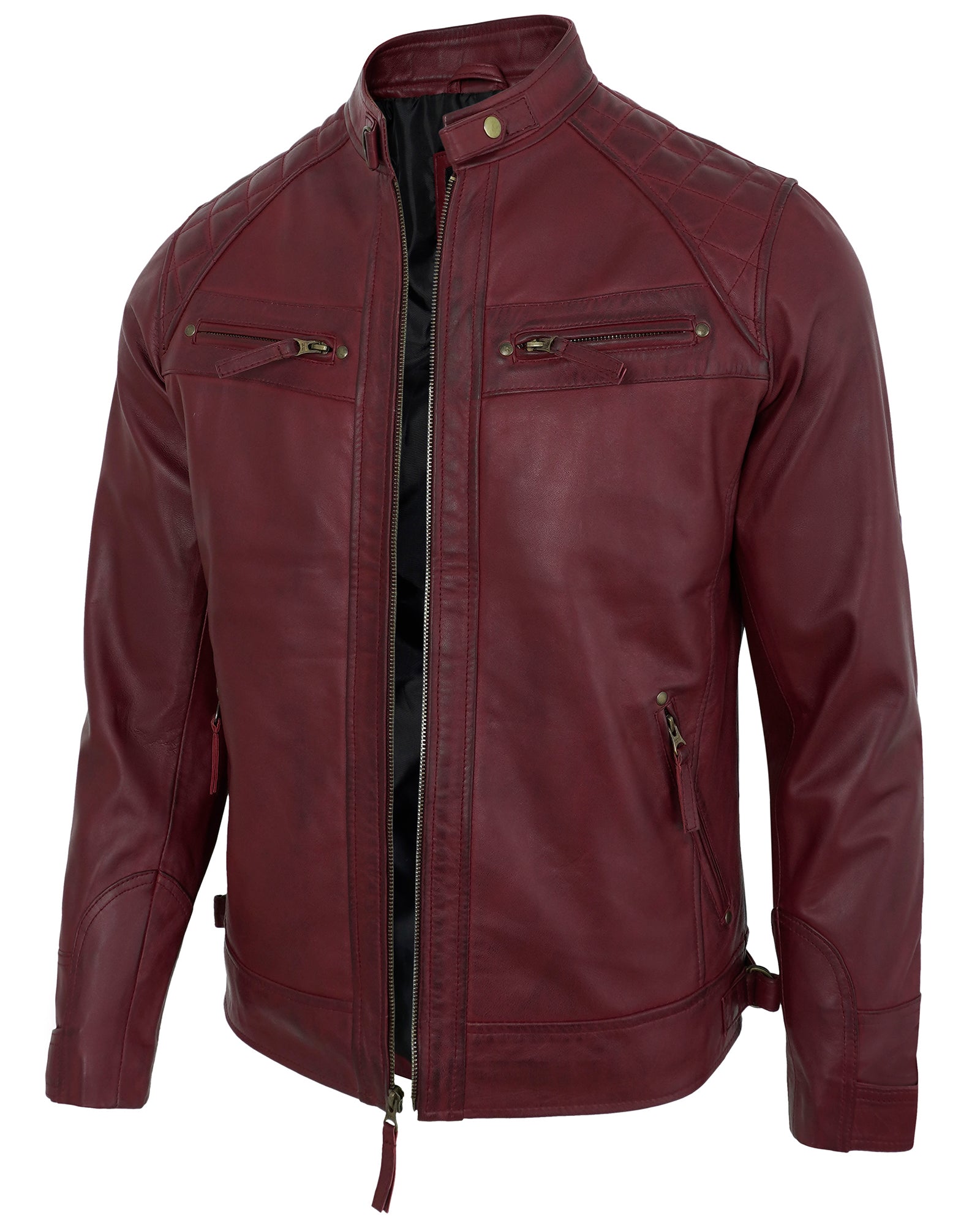 Mens Leather Jackets - Real Lambskin Quilted Cafe Racer Zip Up Moto Style Leather Jacket Men