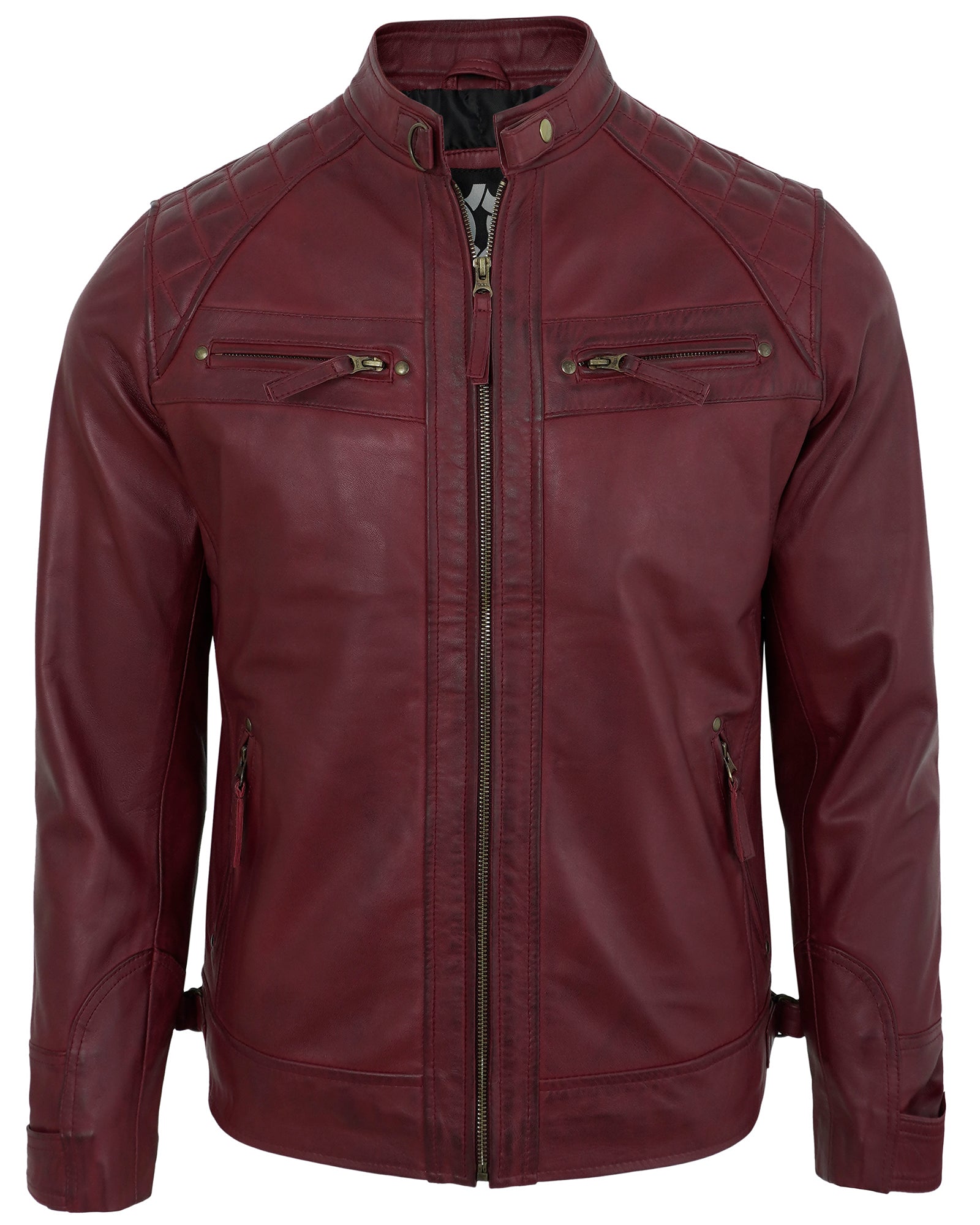 Mens Leather Jackets - Real Lambskin Quilted Cafe Racer Zip Up Moto Style Leather Jacket Men