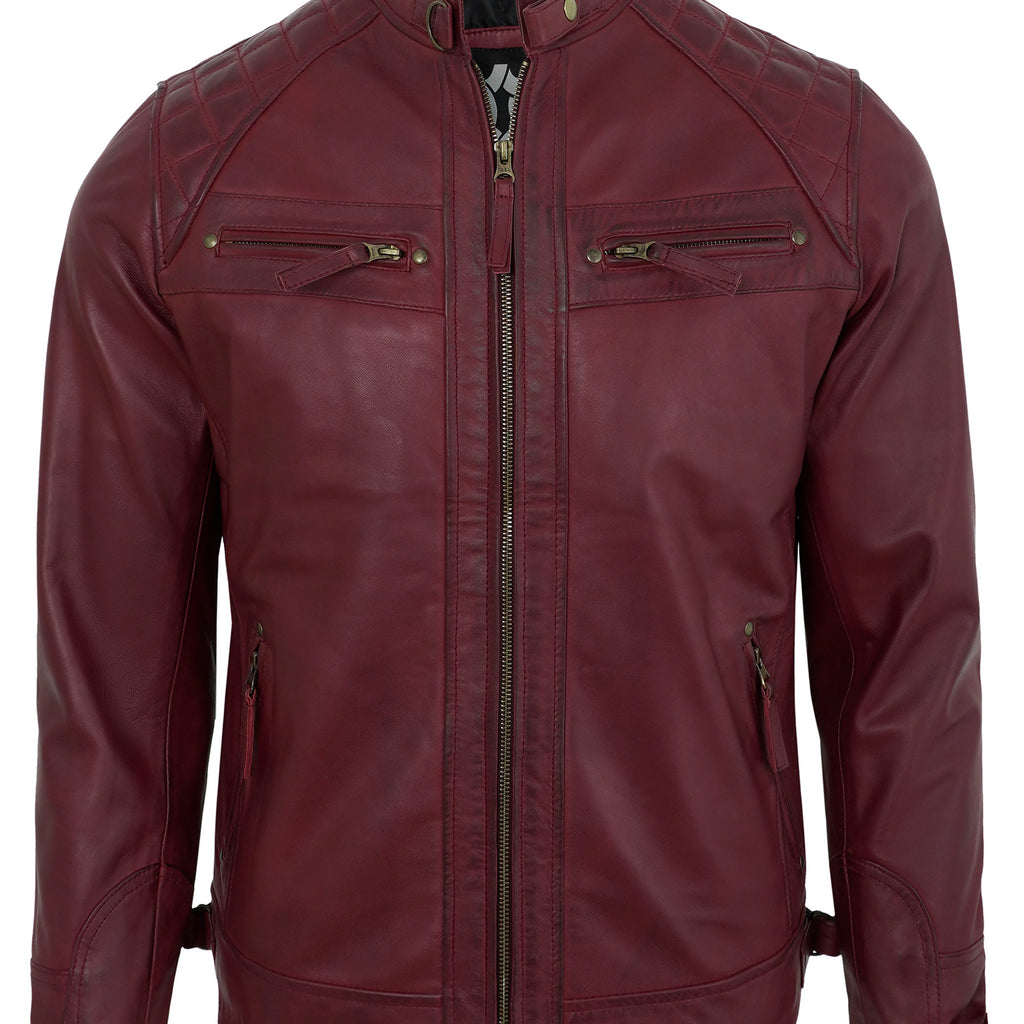 Mens Leather Jackets - Real Lambskin Quilted Cafe Racer Zip Up Moto Style Leather Jacket Men