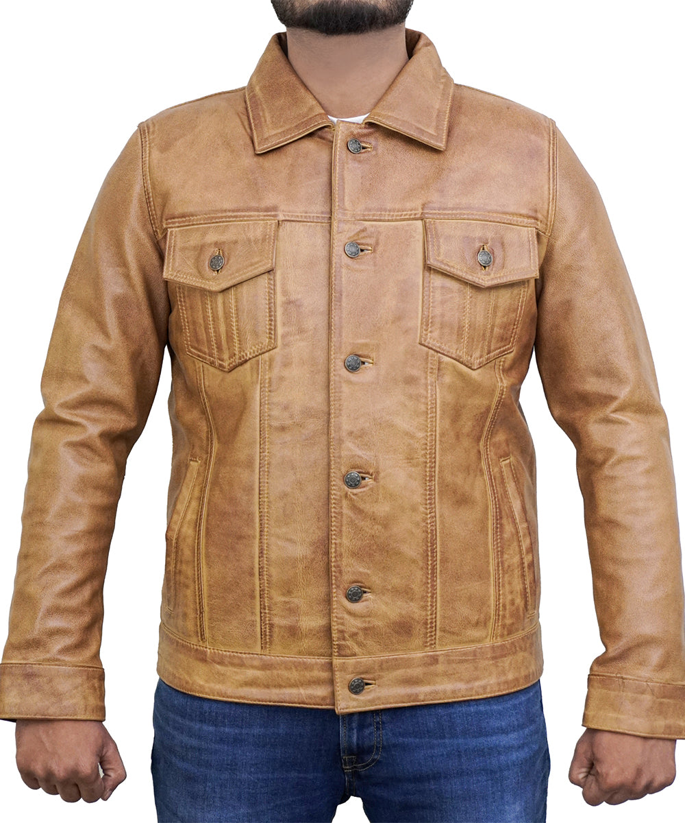 Leather Jacket For Men - Real Lambskin Vintage Trucker Style Men's Leather Jackets