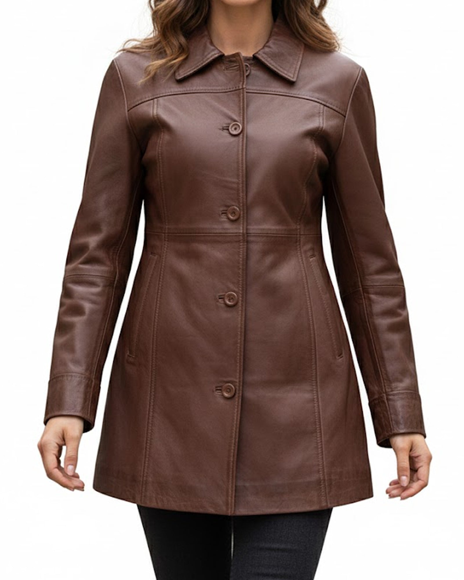 Leather Coats For Women - 3/4 Length Car Coat Style Winter Fashion Women's Long Leather Jackets