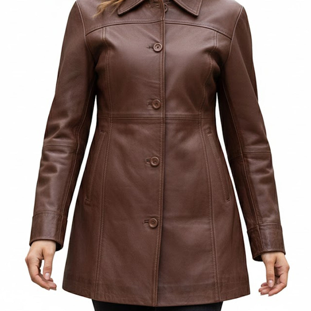 Leather Coats For Women - 3/4 Length Car Coat Style Winter Fashion Women's Long Leather Jackets