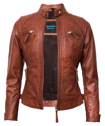 Leather Jacket Women - Cafe Racer Style Real Lambskin Leather Jackets For Women's