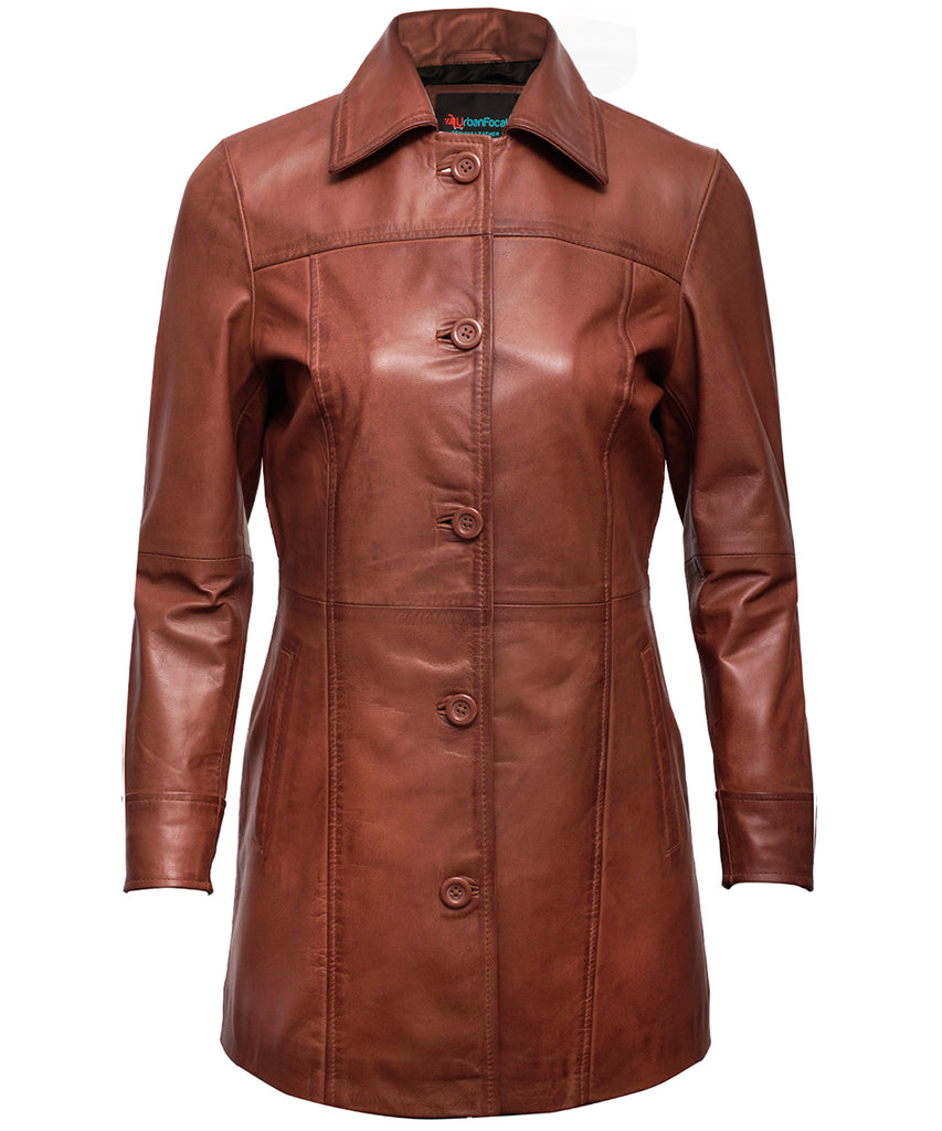 Leather Coats For Women - 3/4 Length Car Coat Style Winter Fashion Women's Long Leather Jackets
