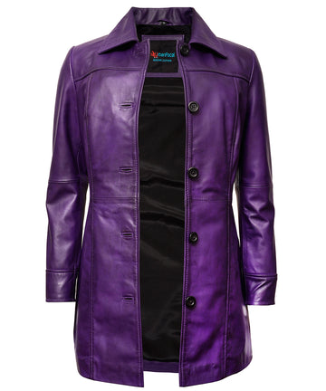 Leather Coats For Women - 3/4 Length Car Coat Style Winter Fashion Women's Long Leather Jackets