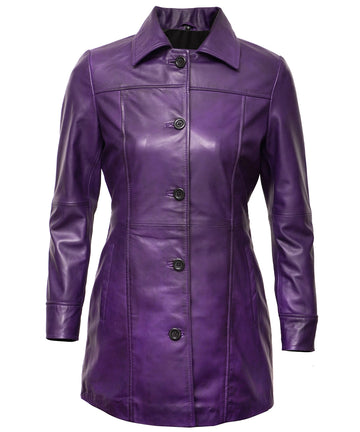 Leather Coats For Women - 3/4 Length Car Coat Style Winter Fashion Women's Long Leather Jackets