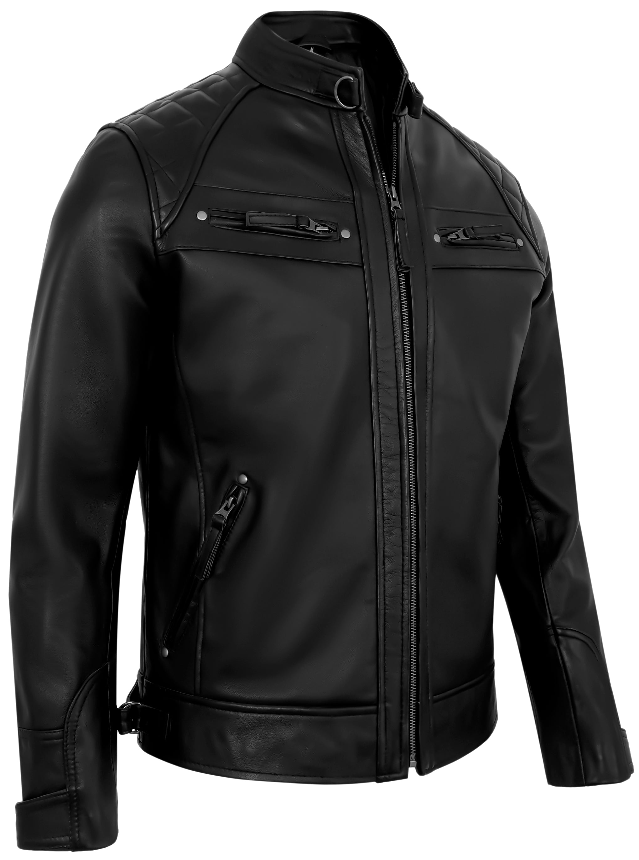 Mens Leather Jackets - Real Lambskin Quilted Cafe Racer Zip Up Moto Style Leather Jacket Men