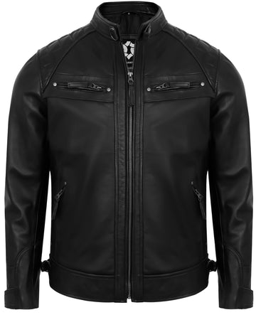 Mens Leather Jackets - Real Lambskin Quilted Cafe Racer Zip Up Moto Style Leather Jacket Men