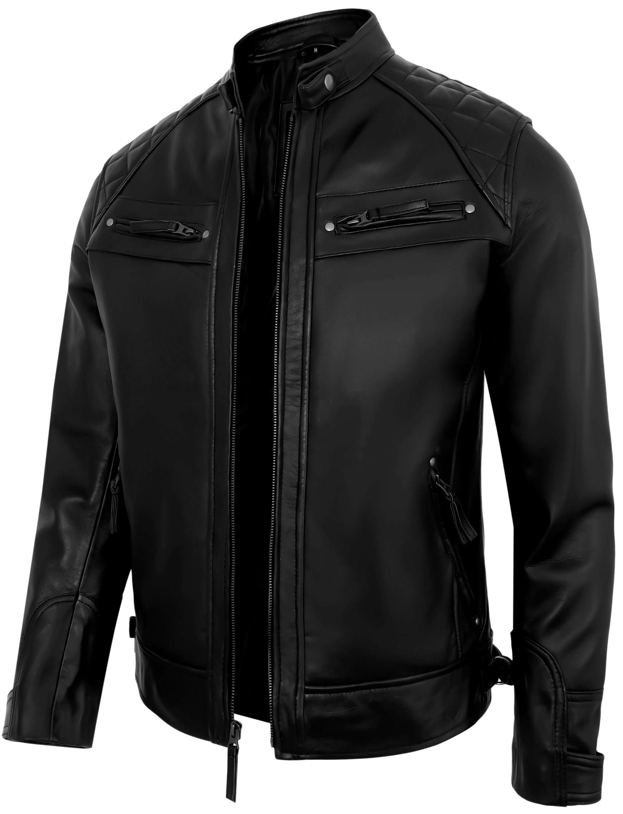 Mens Leather Jackets - Real Lambskin Quilted Cafe Racer Zip Up Moto Style Leather Jacket Men