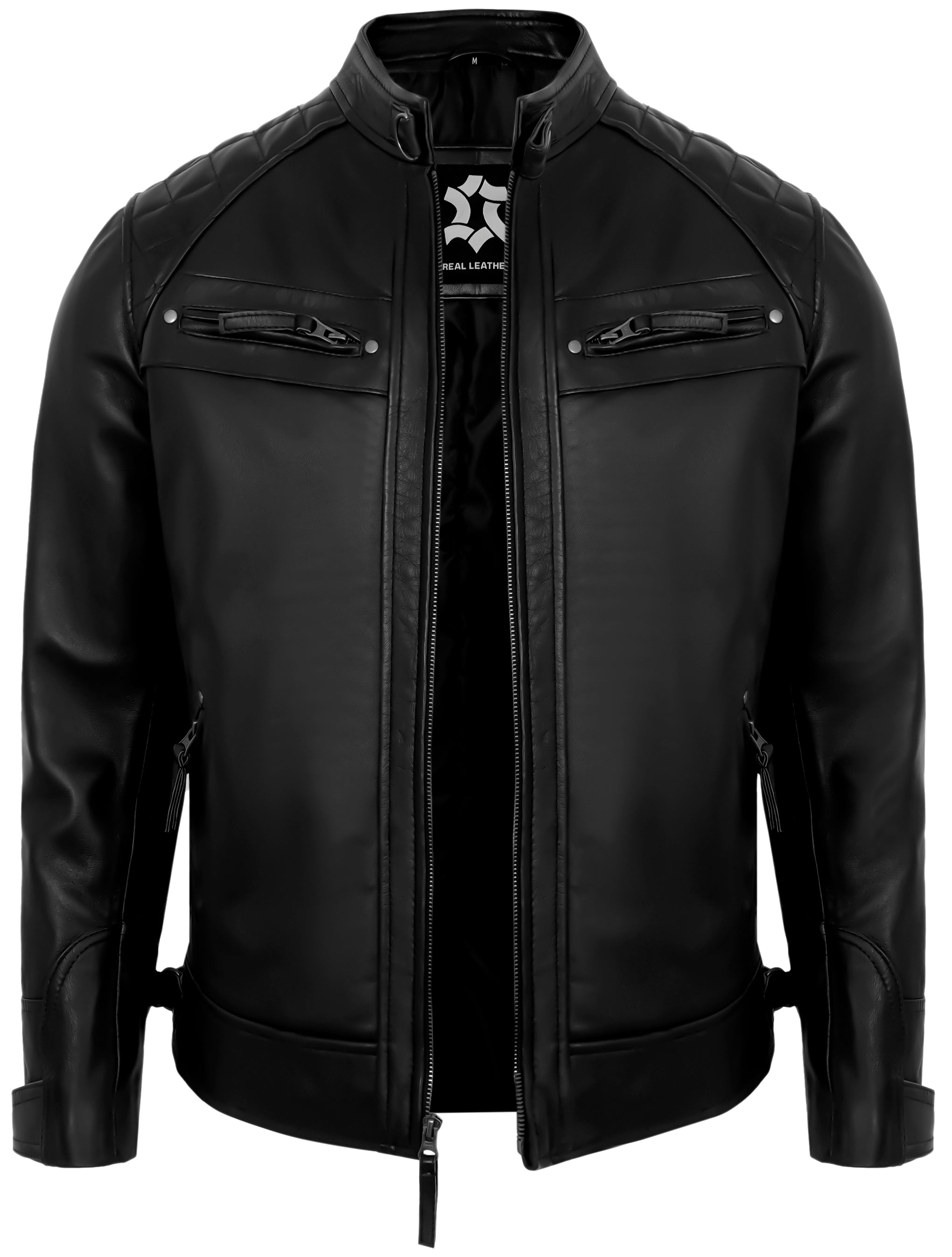 Mens Leather Jackets - Real Lambskin Quilted Cafe Racer Zip Up Moto Style Leather Jacket Men