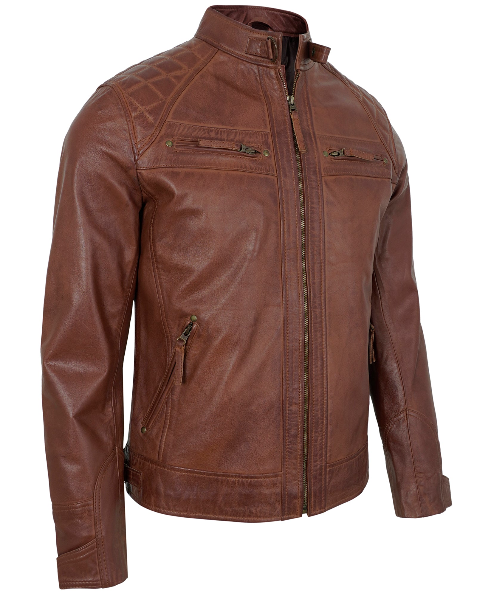 Mens Leather Jackets - Real Lambskin Quilted Cafe Racer Zip Up Moto Style Leather Jacket Men