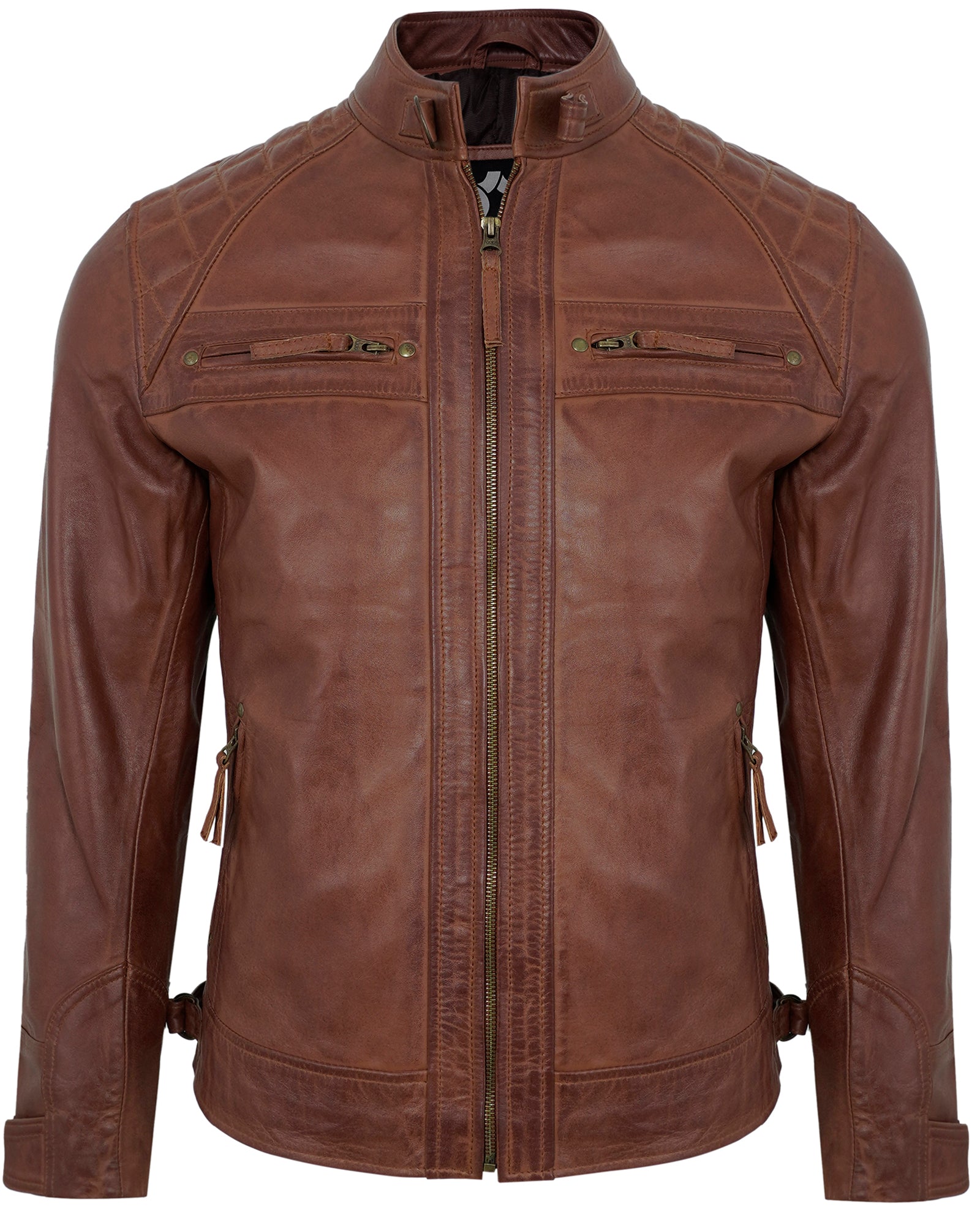 Mens Leather Jackets - Real Lambskin Quilted Cafe Racer Zip Up Moto Style Leather Jacket Men