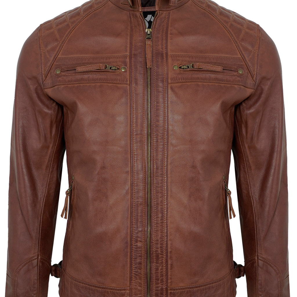 Mens Leather Jackets - Real Lambskin Quilted Cafe Racer Zip Up Moto Style Leather Jacket Men