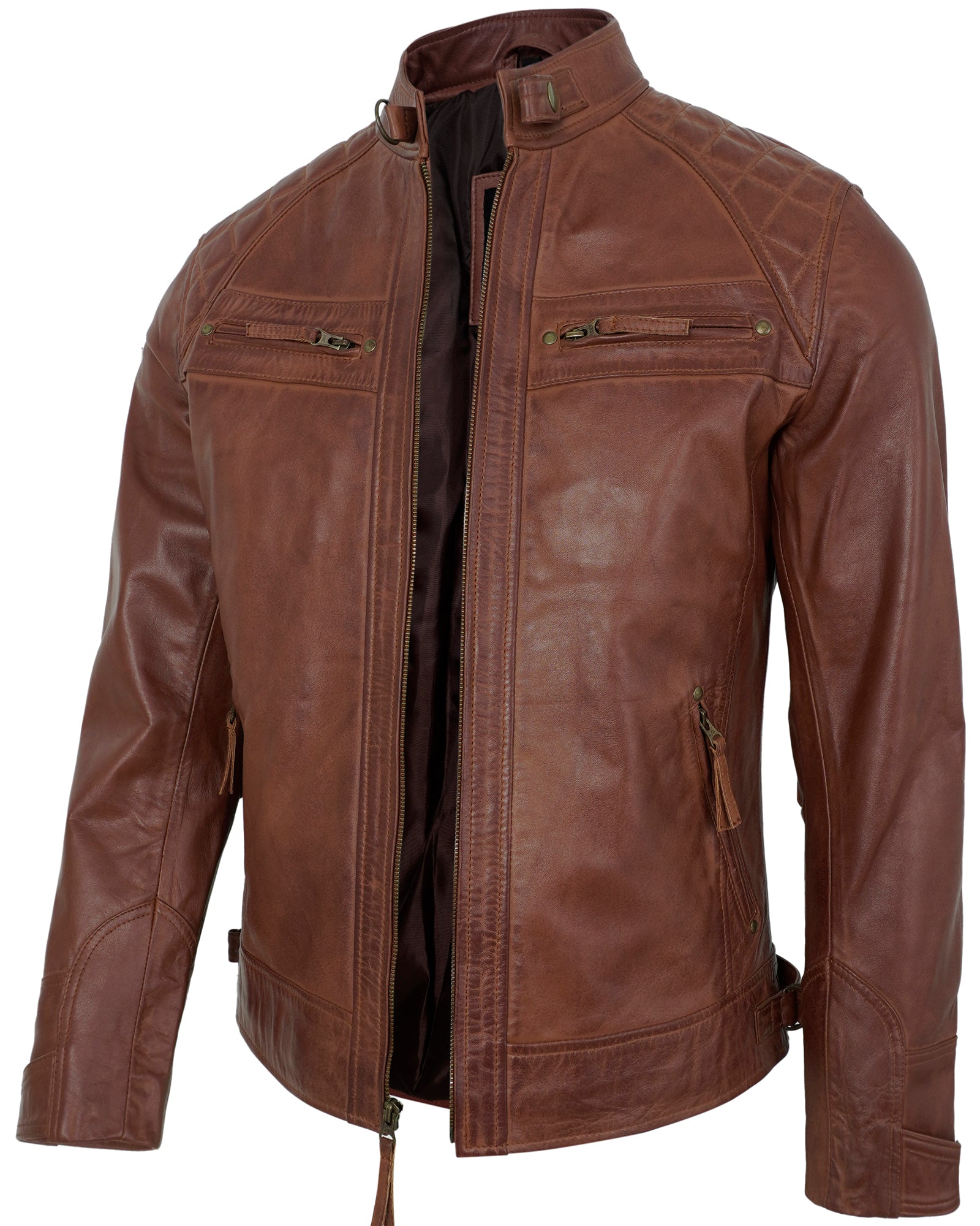 Mens Leather Jackets - Real Lambskin Quilted Cafe Racer Zip Up Moto Style Leather Jacket Men