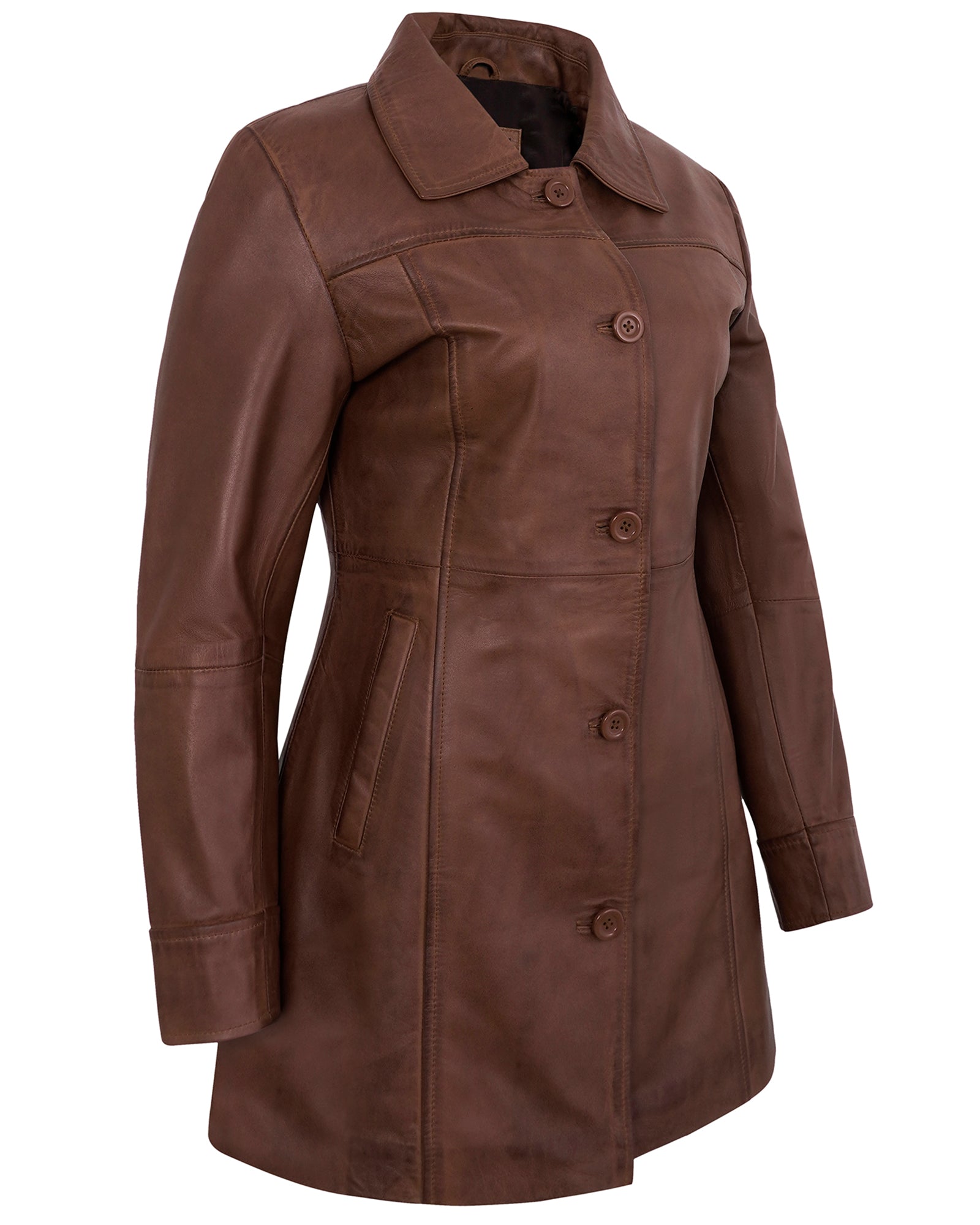 Leather Coats For Women - 3/4 Length Car Coat Style Winter Fashion Women's Long Leather Jackets