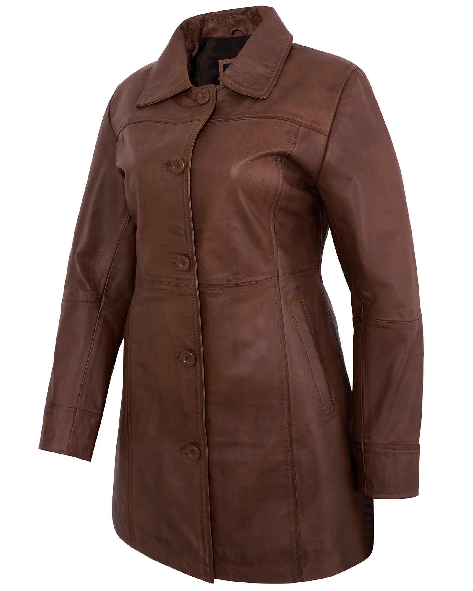 Leather Coats For Women - 3/4 Length Car Coat Style Winter Fashion Women's Long Leather Jackets